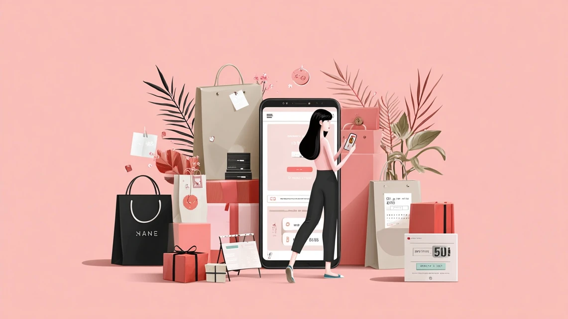 スマートフォンでクーポン情報を確認しながら洋服を選ぶ日本人の姿を表現したシーン