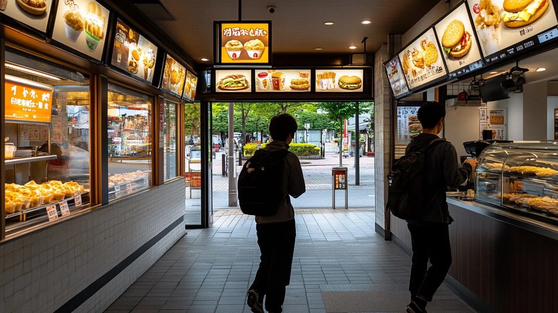 カウンターでスマホ画面のQRコードを提示し、店員がスキャンしている光景。