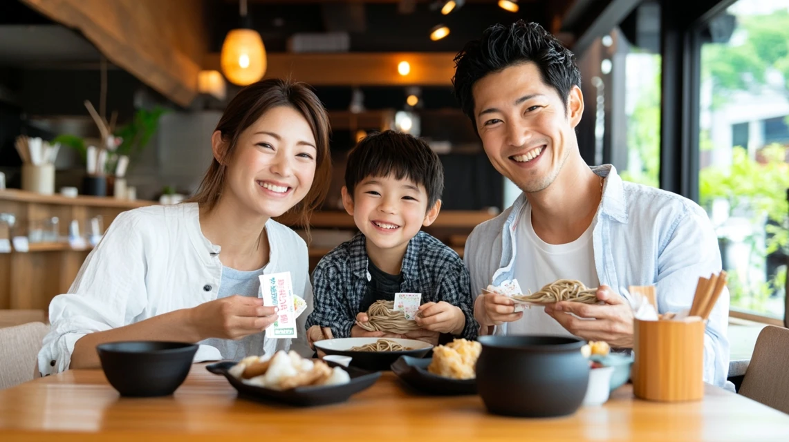 家族がクーポンで食事を楽しむ場面。