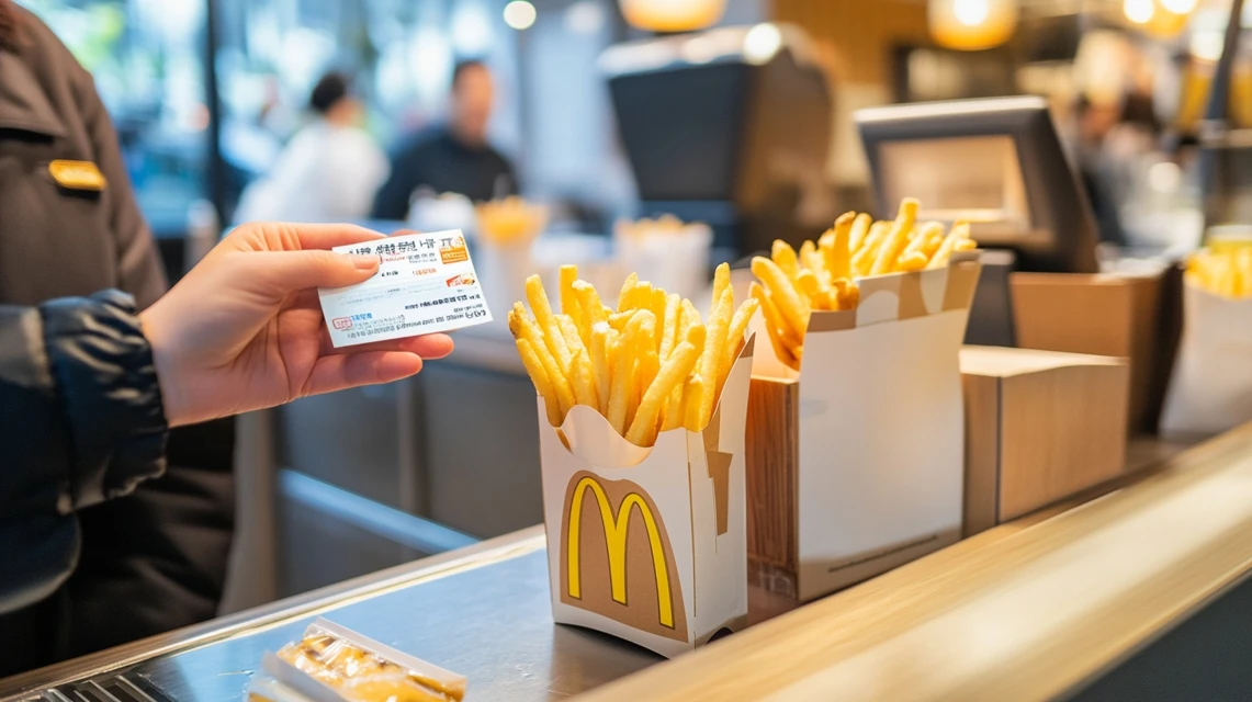 カウンターでクーポンを提示して無料のポテトを受け取る日本人の姿。お得感が伝わるシンプルなシーン。
