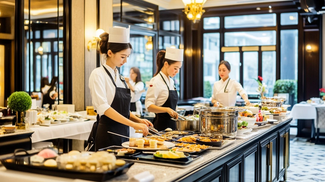 日本人の利用客が多彩な料理が並ぶビュッフェ台から好きな料理を選んでいるシーン。

