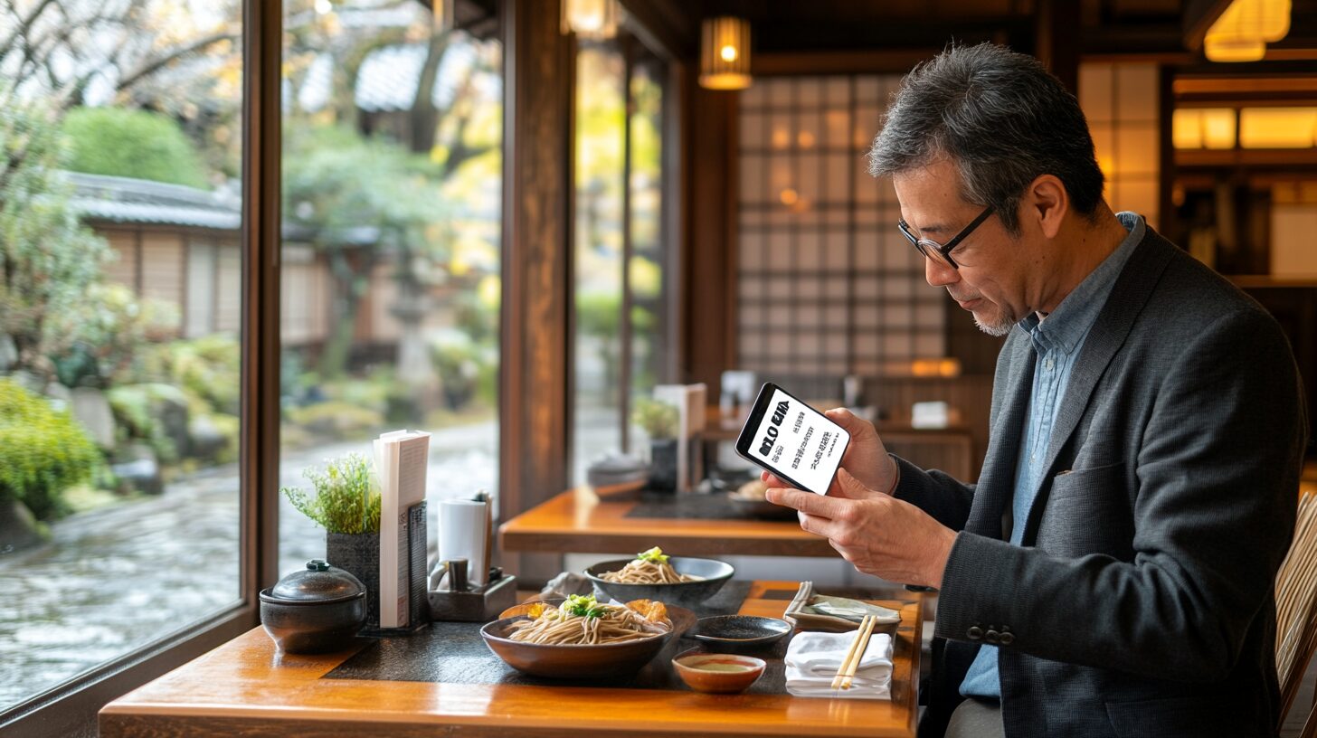 日本のそば店でクーポンを受け取る様子のイメージ。