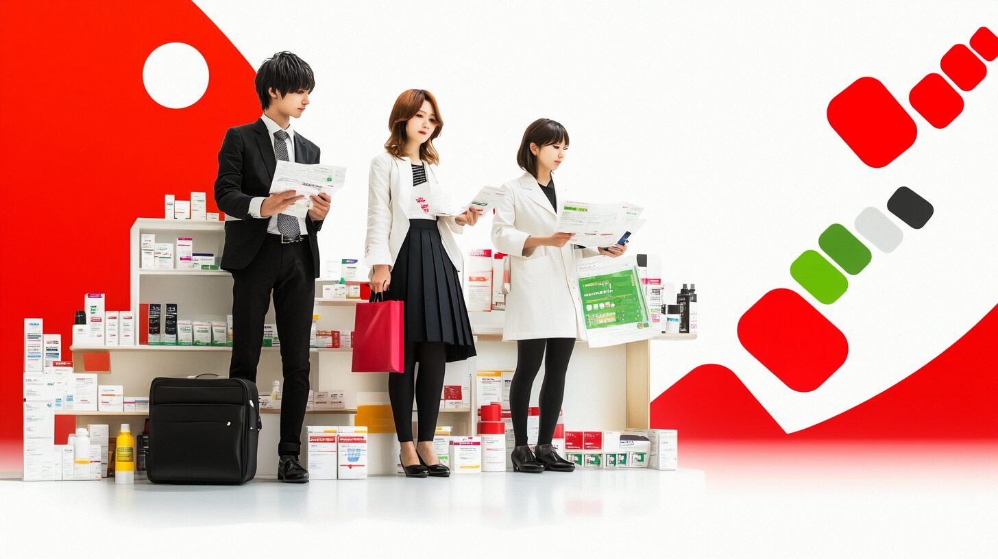 薬局で10%クーポンを使って買い物する日本人の様子。