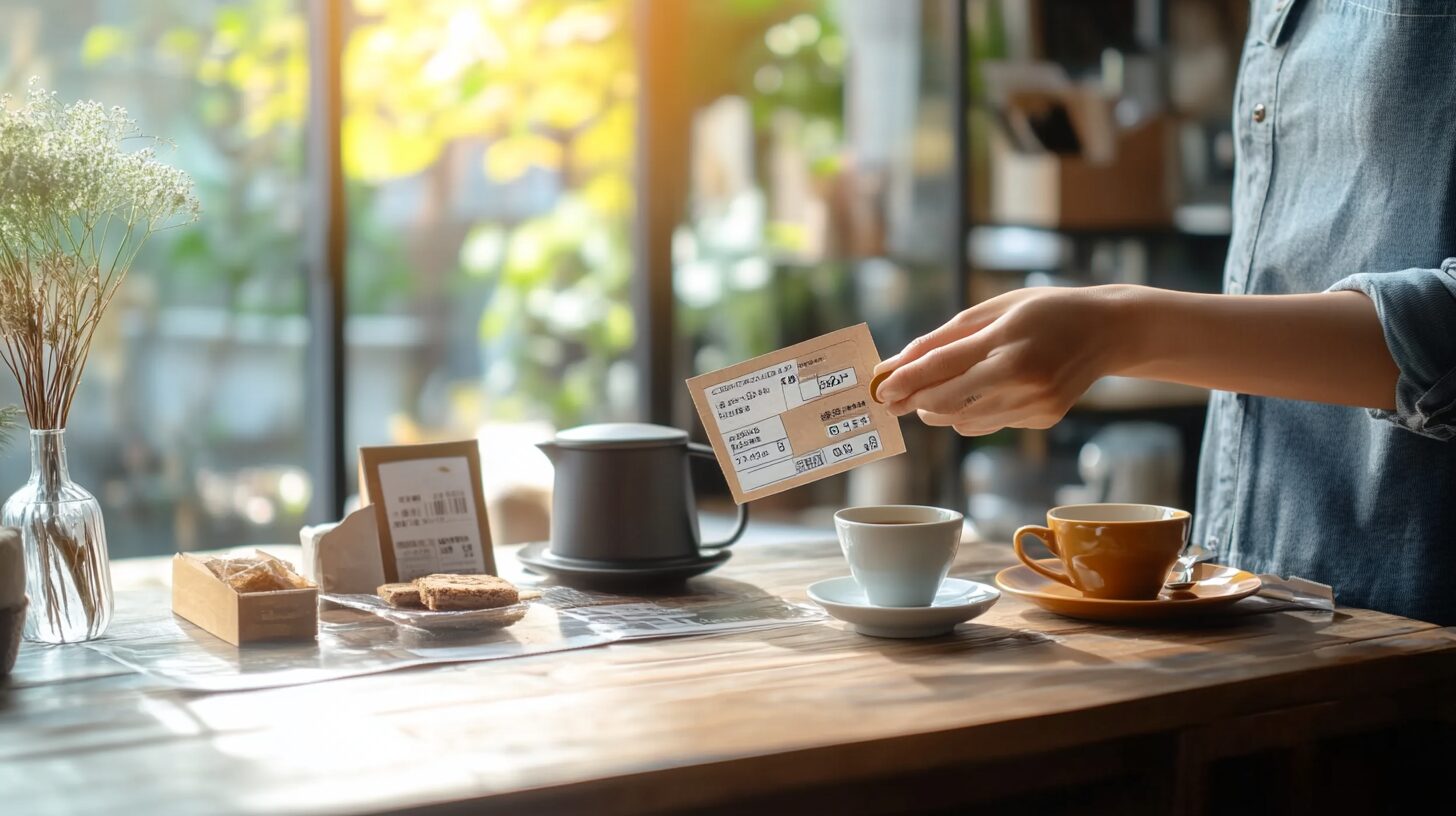 コーヒークーポンをチェックする日本人、クーポンを持つ姿