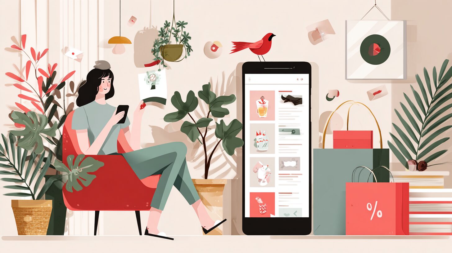 オンラインで洋服を購入する日本人が、1000円クーポンコードを活用してお得に買い物している様子のイメージ