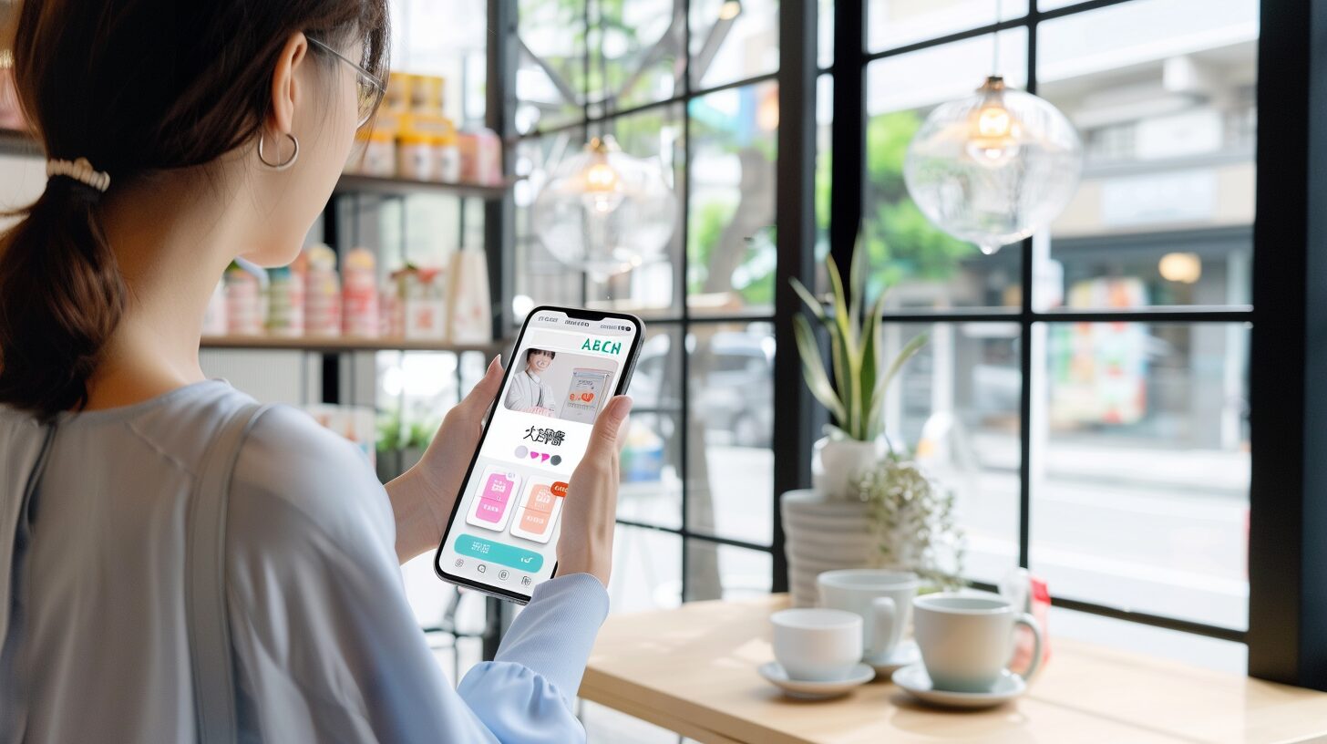 スマートフォンを操作する日本人が、アイイオンのクーポンが表示されない状況に困惑している様子