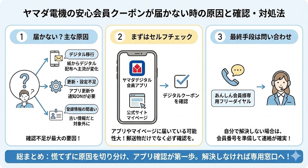 当サイト作成：ヤマダ電機の安心会員クーポンが届かない時の原因と確認方法図解