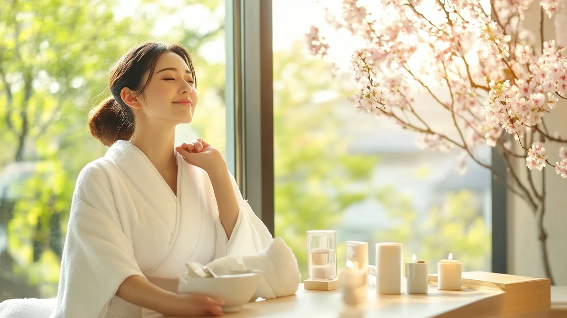 アルゴの湯を満喫して笑顔の女性
