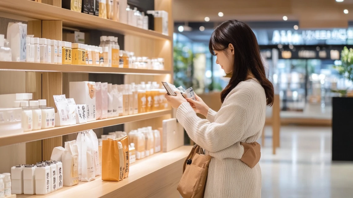 アメニティを確認する女性利用客
