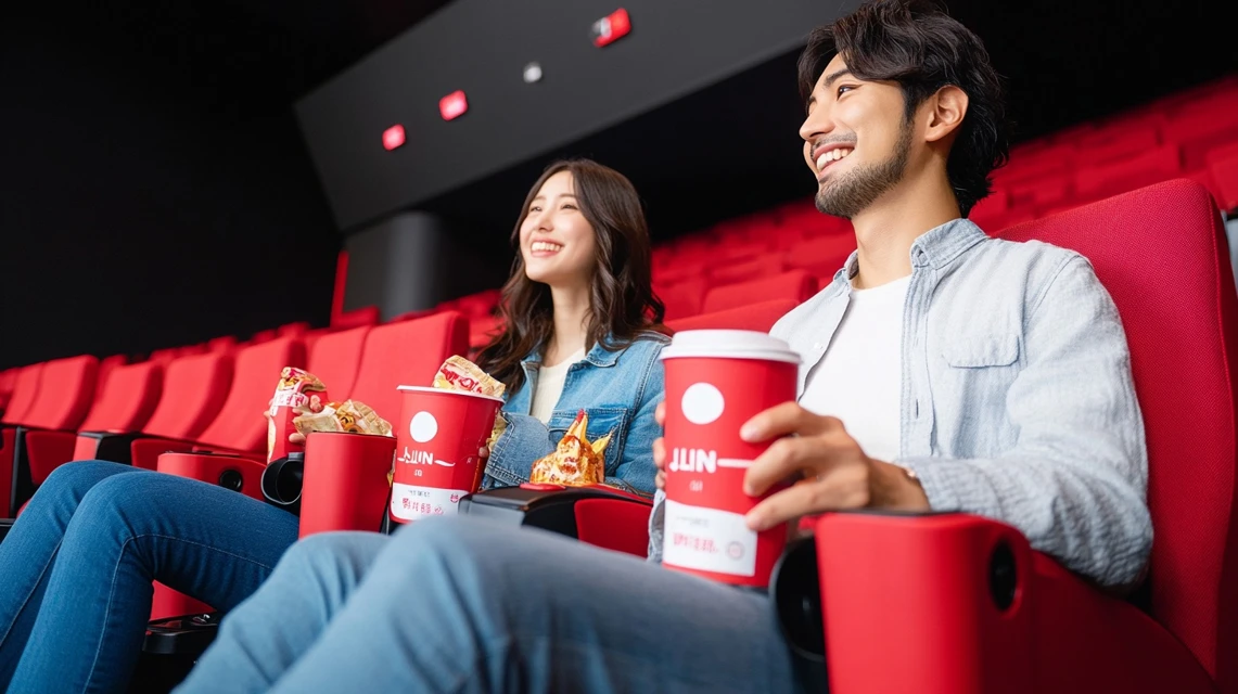 日本人カップルがLINEクーポンでお得に映画を楽しむ場面