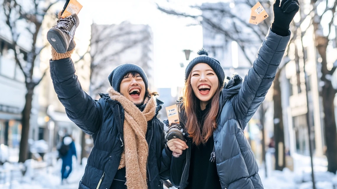 日本人カップルがuggクーポンコード1000円で買い物後に喜んでいる様子
