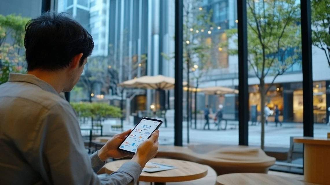 ケンタッキーのクーポン割引を調べる日本人男性の姿
