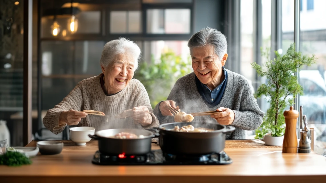 高齢の夫婦が鍋料理を楽しむ穏やかな表情