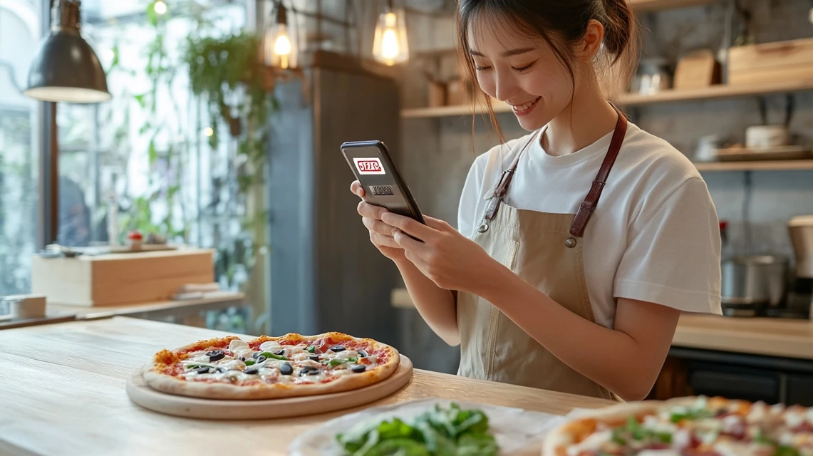 アオキーズピザのクーポンコードを入力する日本人女性