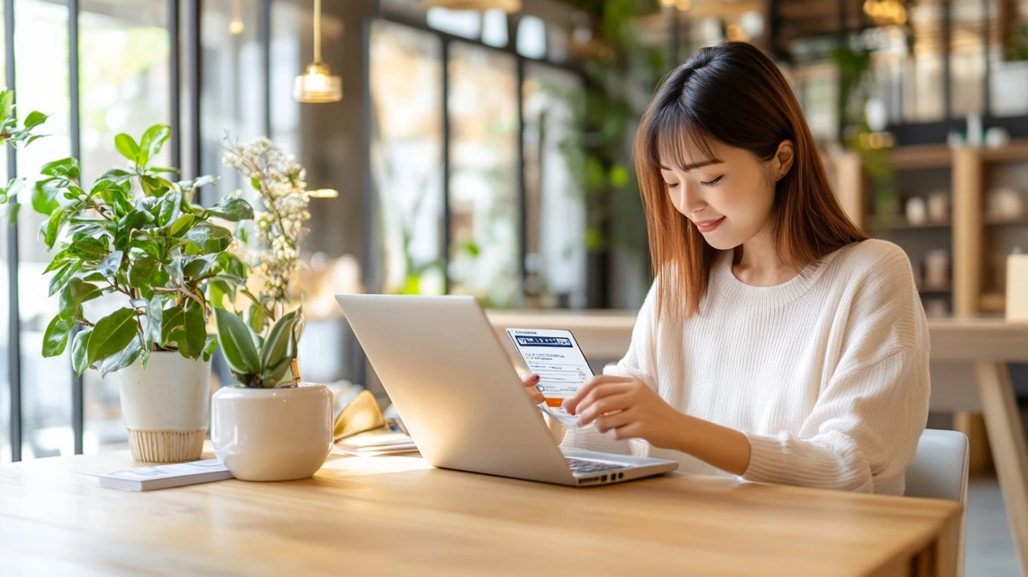 楽天銀行の5000円相当キャンペーンを確認する日本人女性