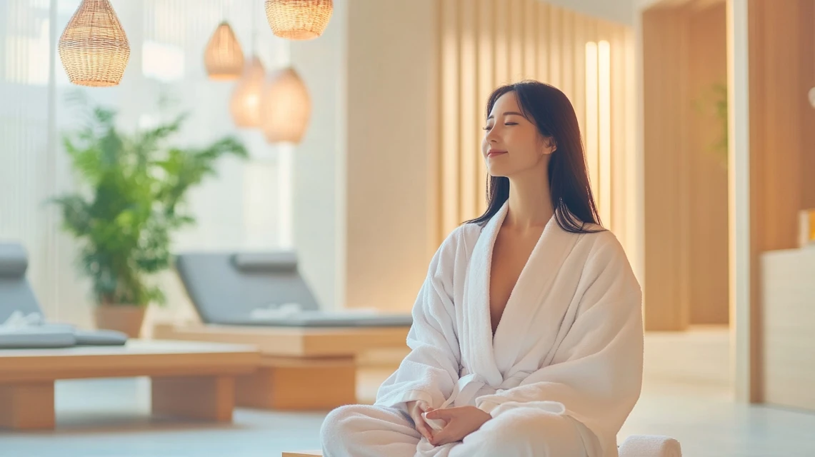 楽スパガーデン名古屋の休憩ラウンジで落ち着く日本人女性