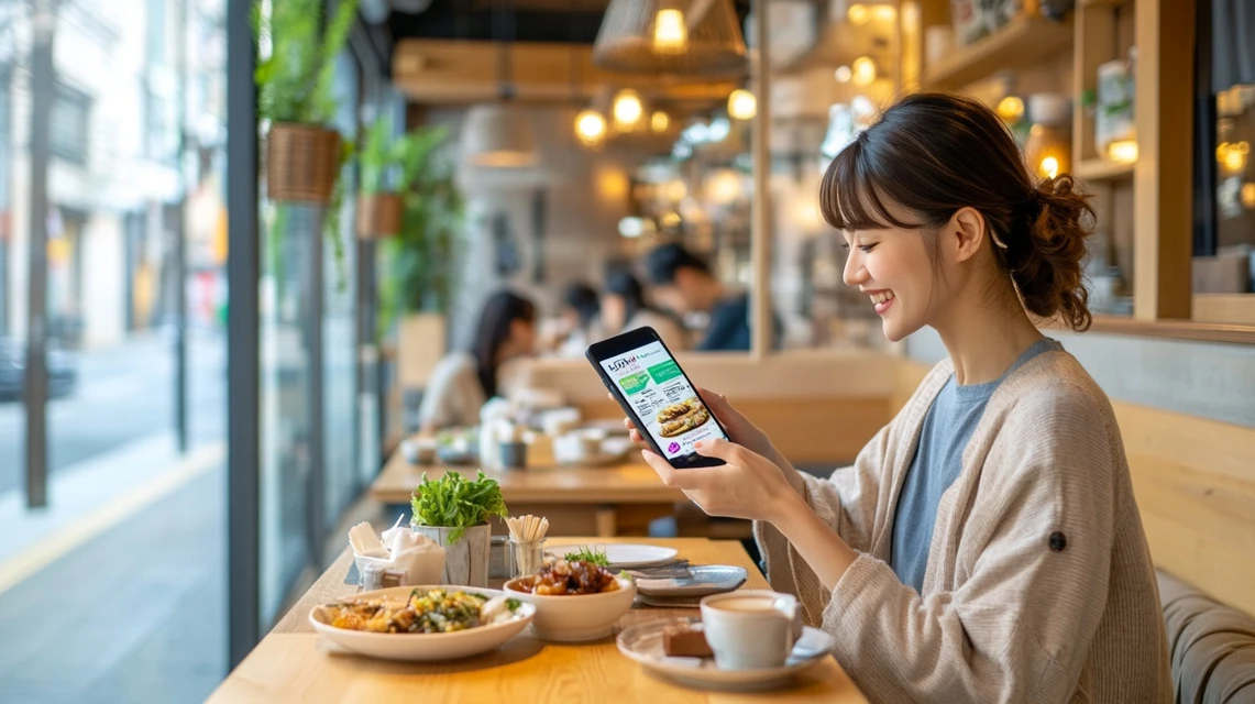 店員が客のスマホクーポンを確認する場面