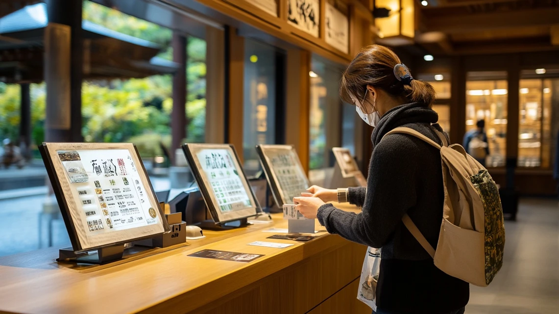 アルゴの湯で入館料を支払う女性
