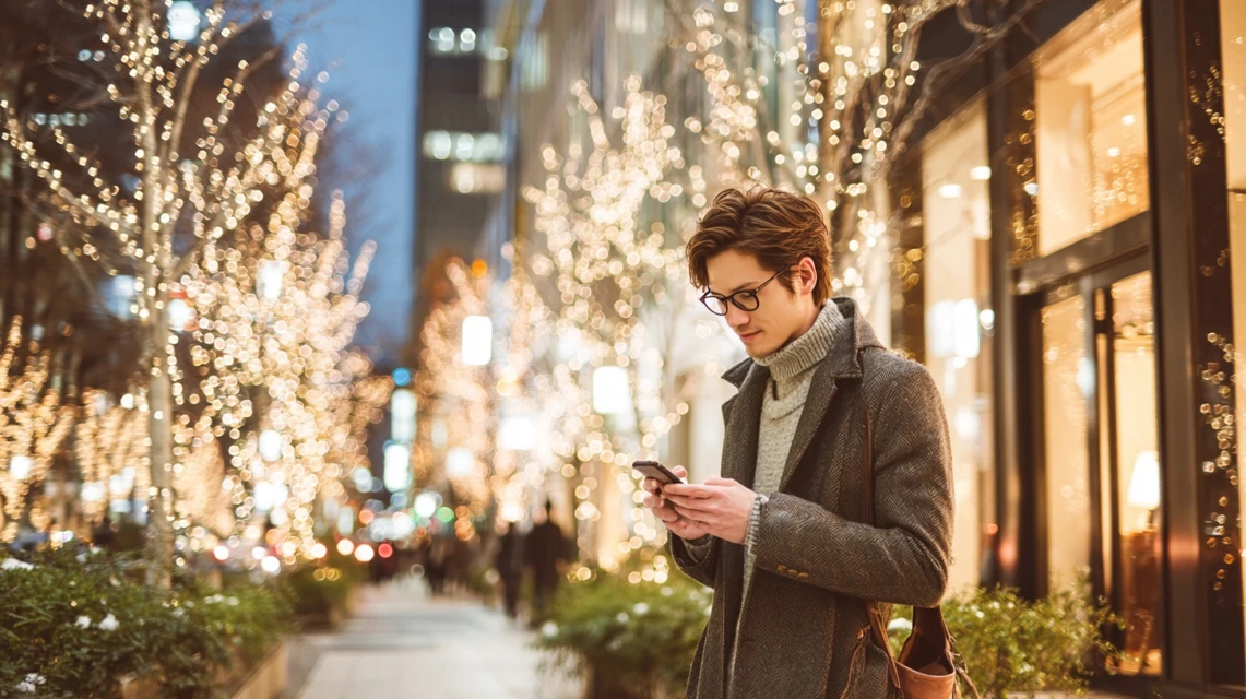 スマホでピソラクーポンコードを確認する日本人男性