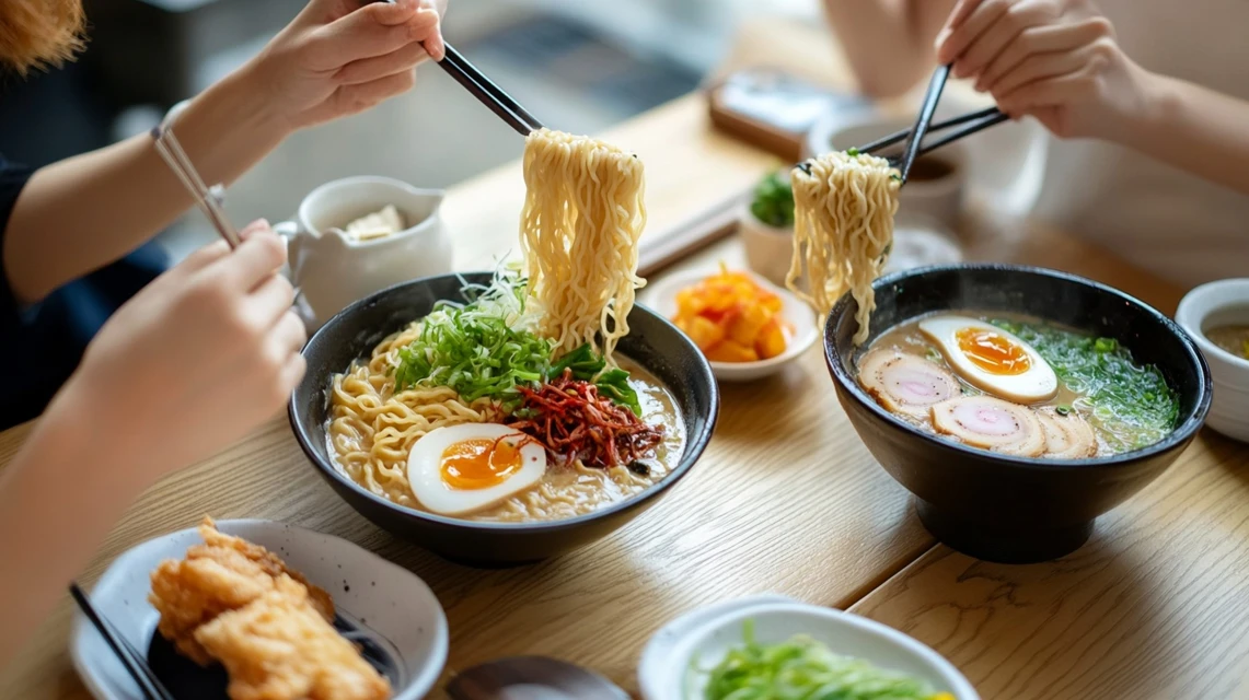 日高屋の中華そばや定食を家族で楽しむ日本人の食事風景