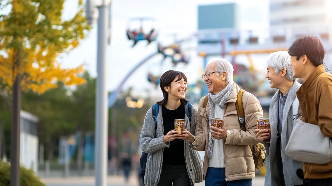 ラクテンチで割引チケットを利用する日本人シニアと学生