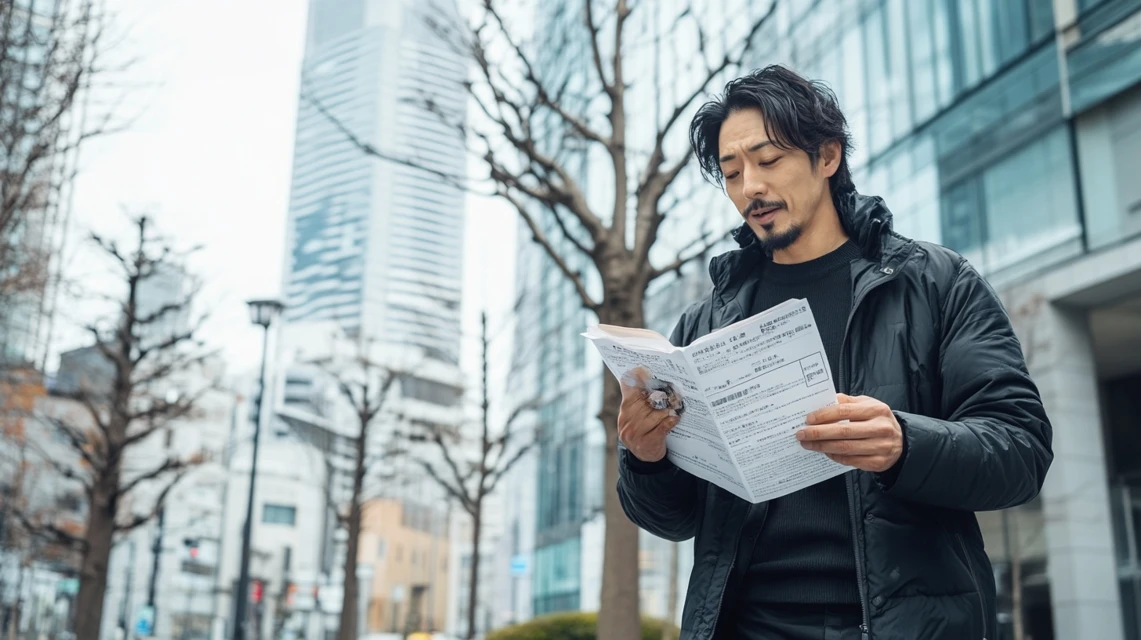クーポン利用とキャンセル条件を確認する日本人男性