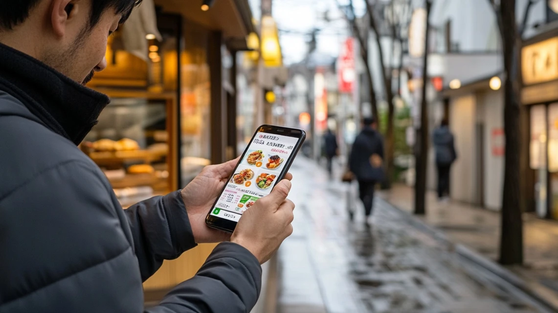 びっくりドンキーのクーポンを探す日本人男性のスマホ操作
