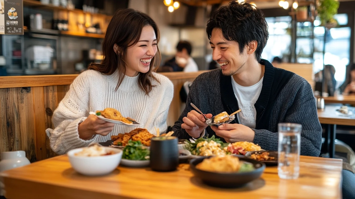 びっくりドンキーのLINEクーポンで食事を満喫する日本人カップル
