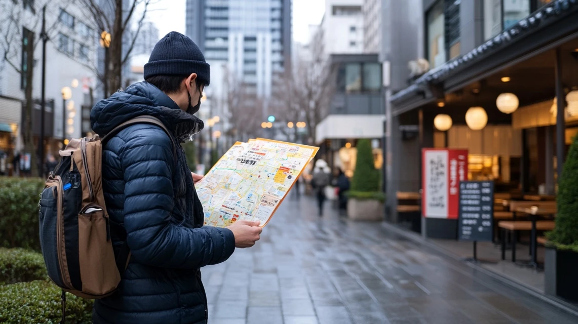 吹田の長次郎店舗をアプリで探す日本人旅行者