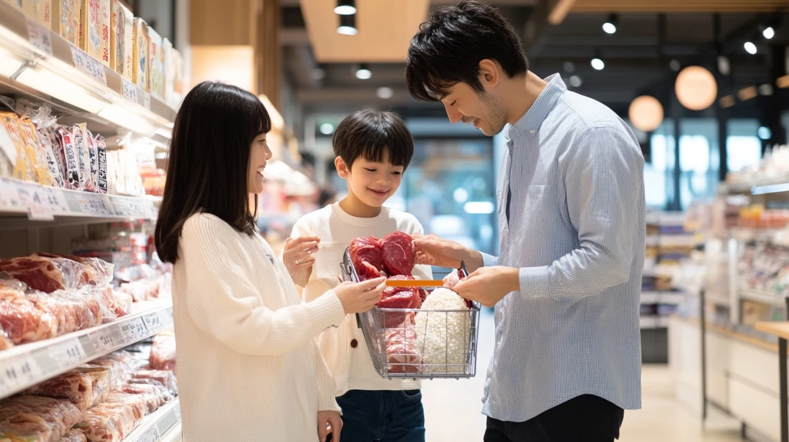 ヨークベニマルで肉と米の特売を確認する日本人家族
