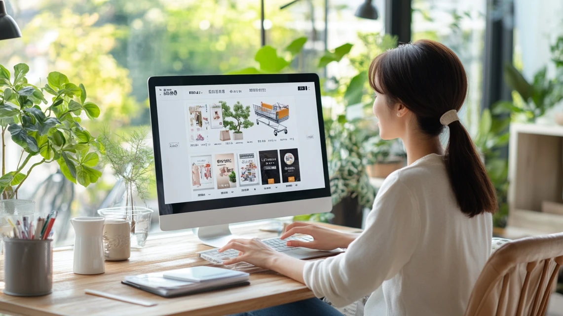 flexispot e7のクーポン割引ページを閲覧する日本人女性の場面
