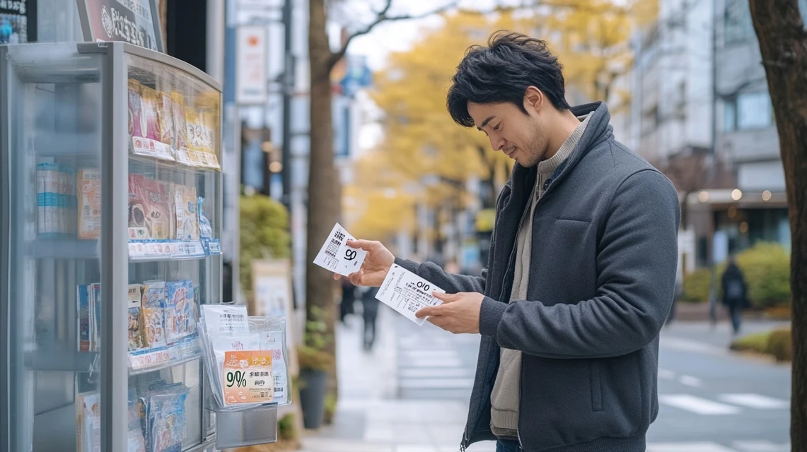 アプリで安楽亭クーポン情報を確認する日本人男性