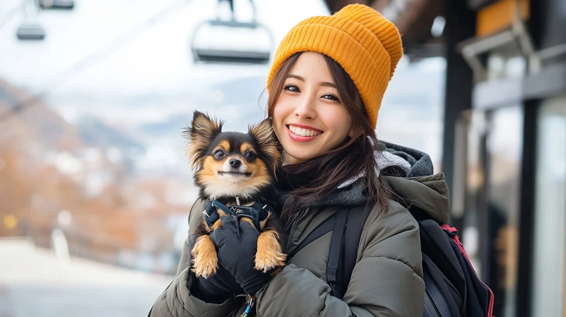 琵琶湖バレイのロープウェイに小型犬と一緒に乗る日本人女性