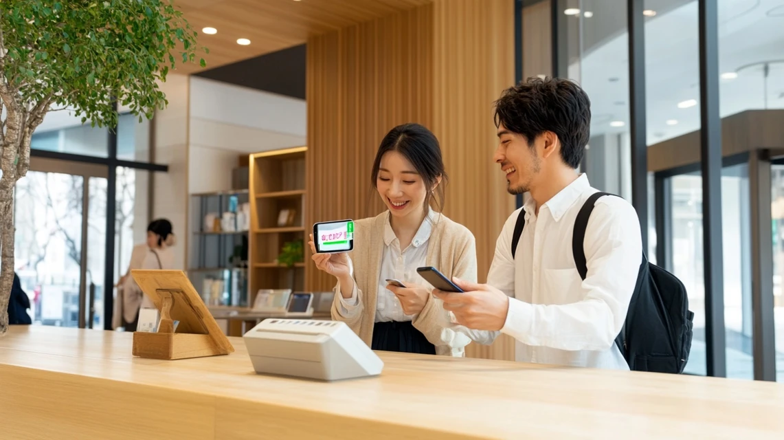 スマホでビッグボーイクーポンを提示する日本人客の様子