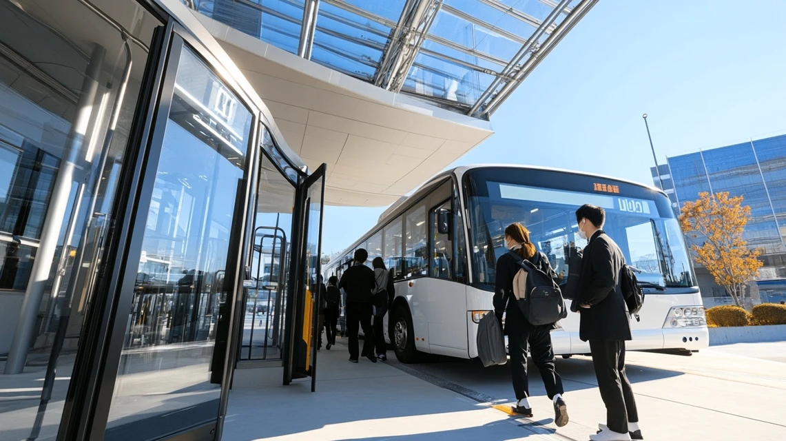 楽スパガーデン名古屋行きの無料送迎バスに乗車する日本人