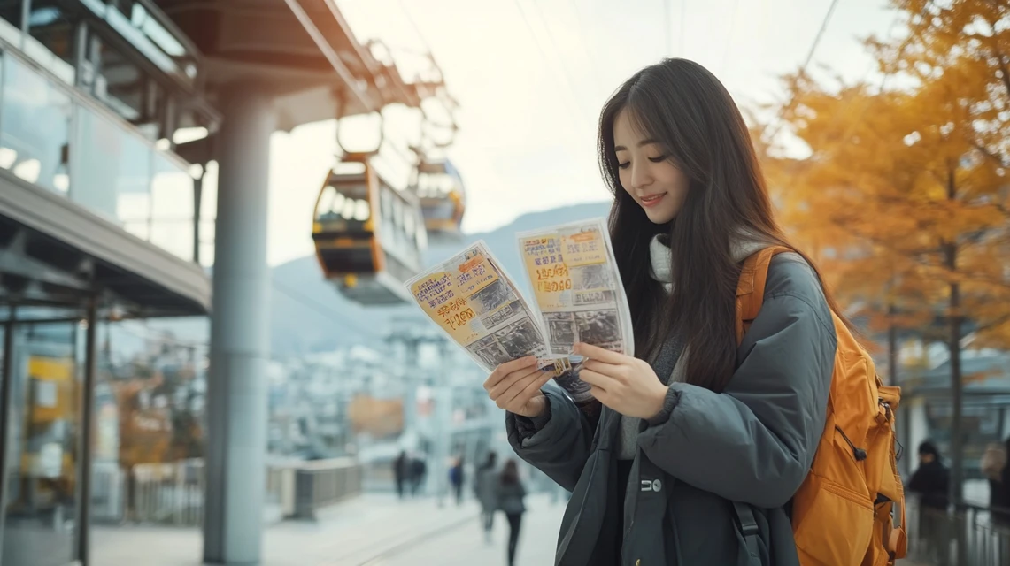 スマホで琵琶湖バレイのロープウェイ料金を確認する日本人女性