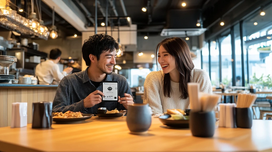 日高屋でスマホクーポンを見せて笑顔の日本人カップル