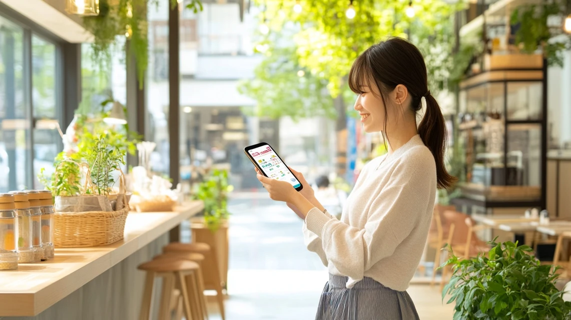 日本人女性がLINEで友達追加してランチクーポンを受け取る様子
