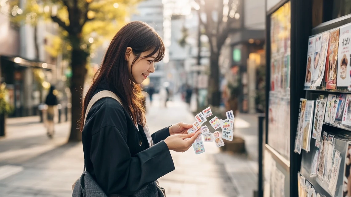 ヨークベニマルのシールキャンペーンを整理する日本人女性
