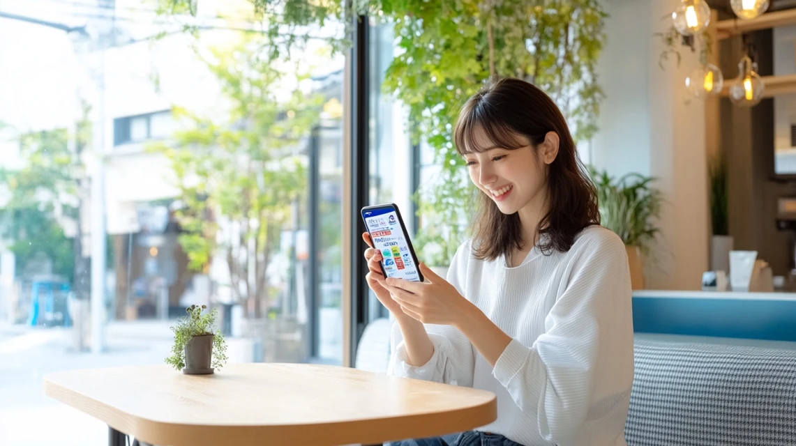 ジョリーパスタのクーポン特典を比較する日本人女性の姿