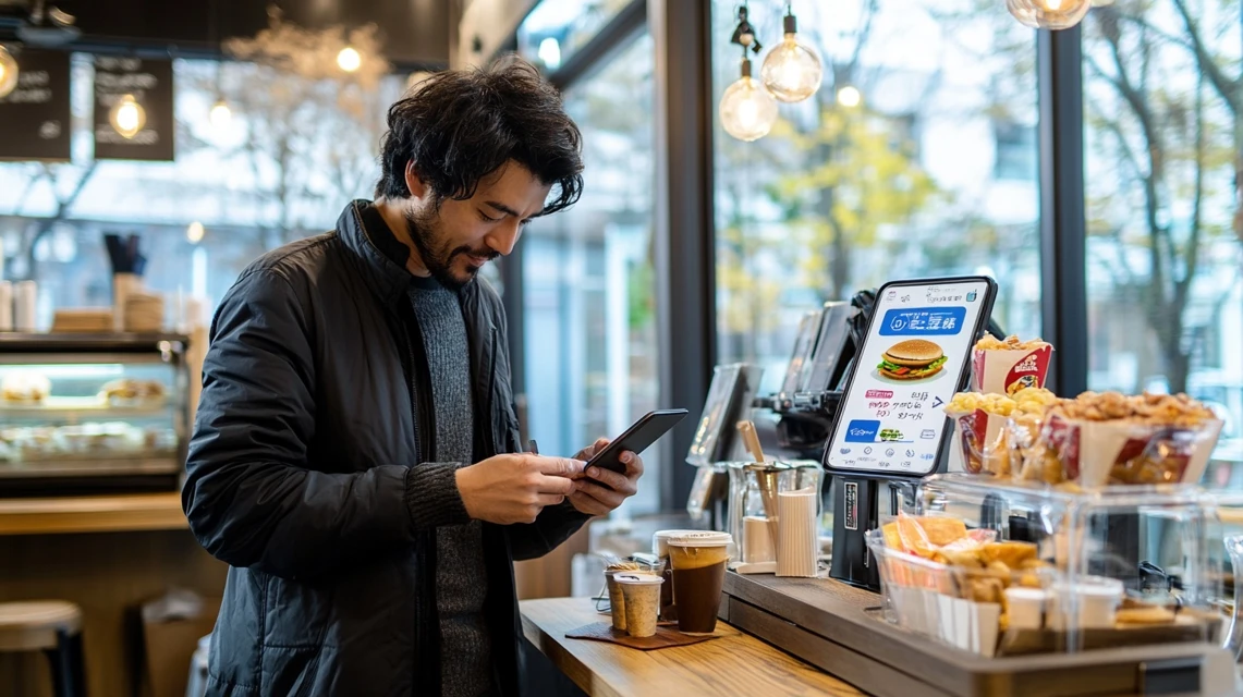 ケンタッキーのクーポンをauアプリで確認する日本人男性
