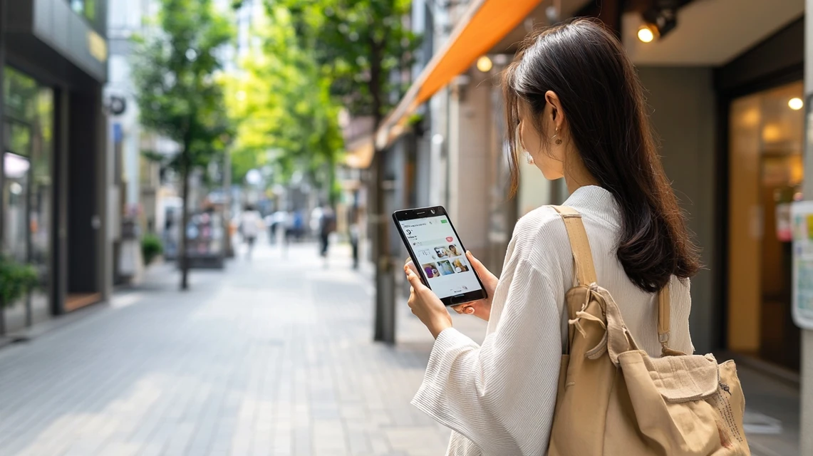 丸源ラーメンのインスタクーポン情報を探す日本人女性