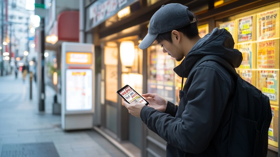 ラクテンチ無料券をスマホで確認する日本人男性の姿