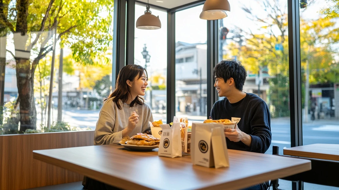 ケンタッキーでauクーポンを使い食事を楽しむ日本人カップル
