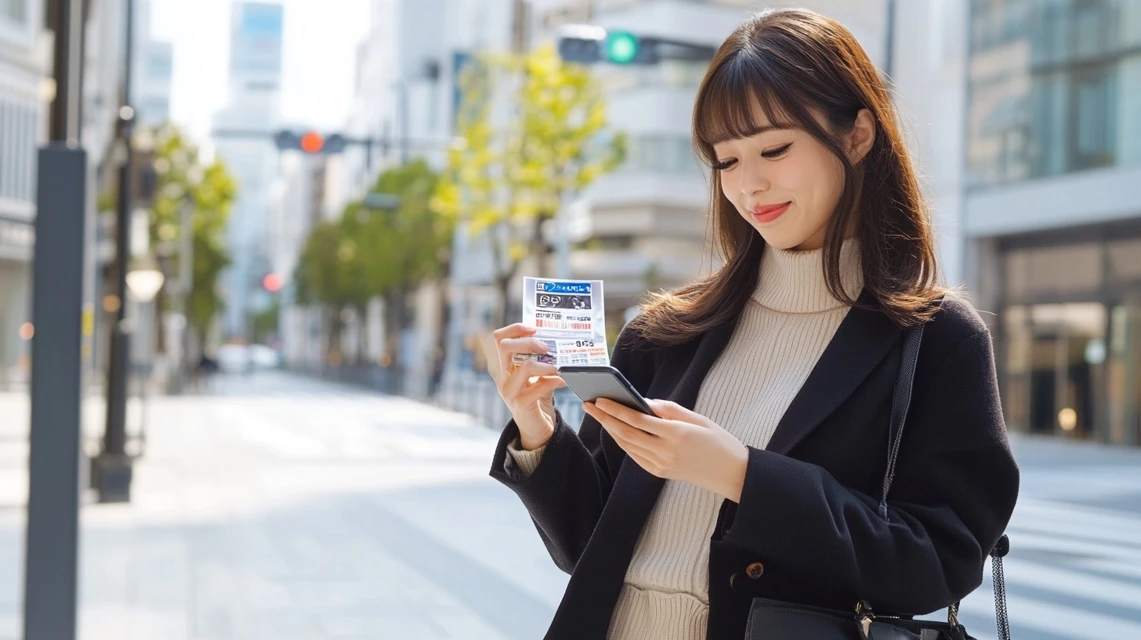 スマホで楽スパガーデン名古屋のクーポンを確認する日本人女性