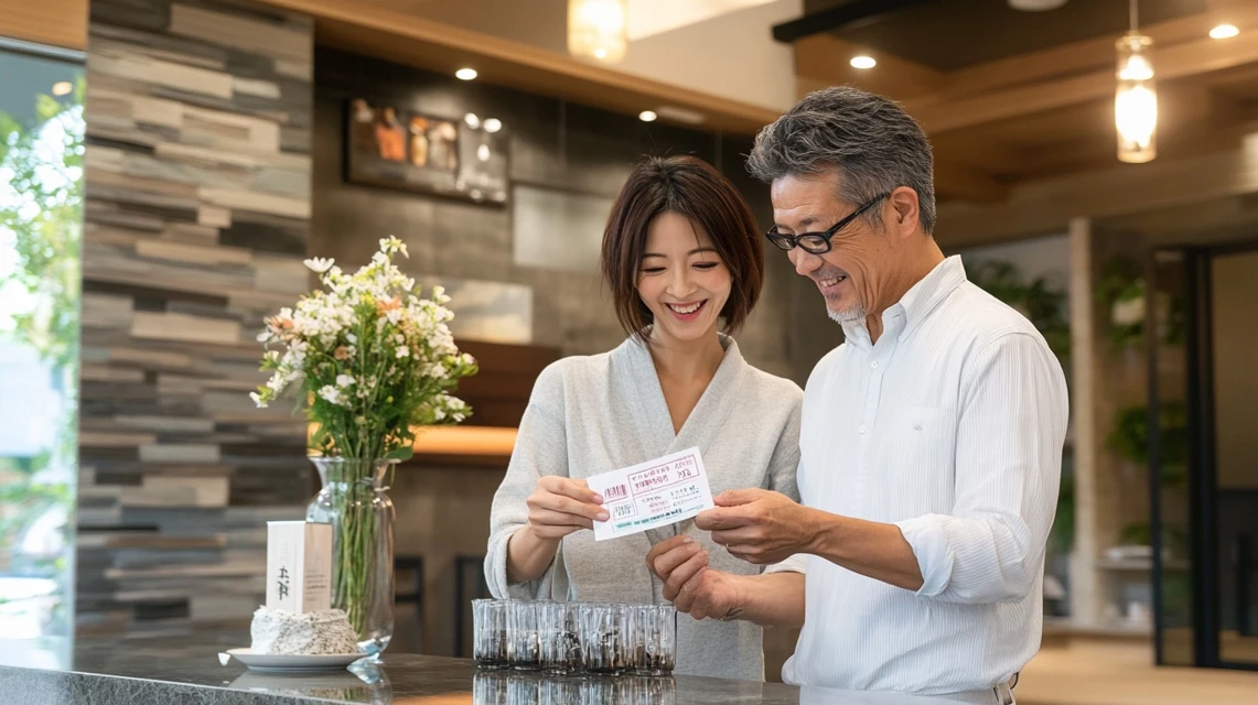 アルゴの湯でクーポンを見せる日本人
