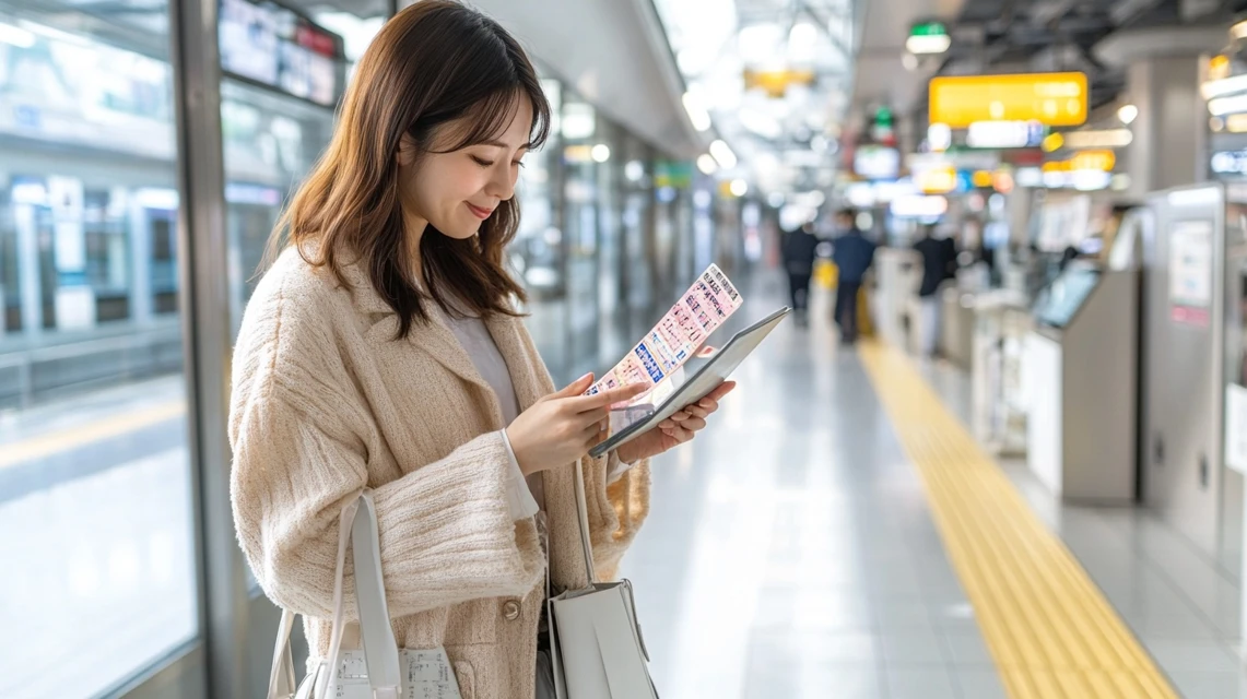 日本人女性が須磨シーワールドの当日割引チケットをオンラインで購入する様子