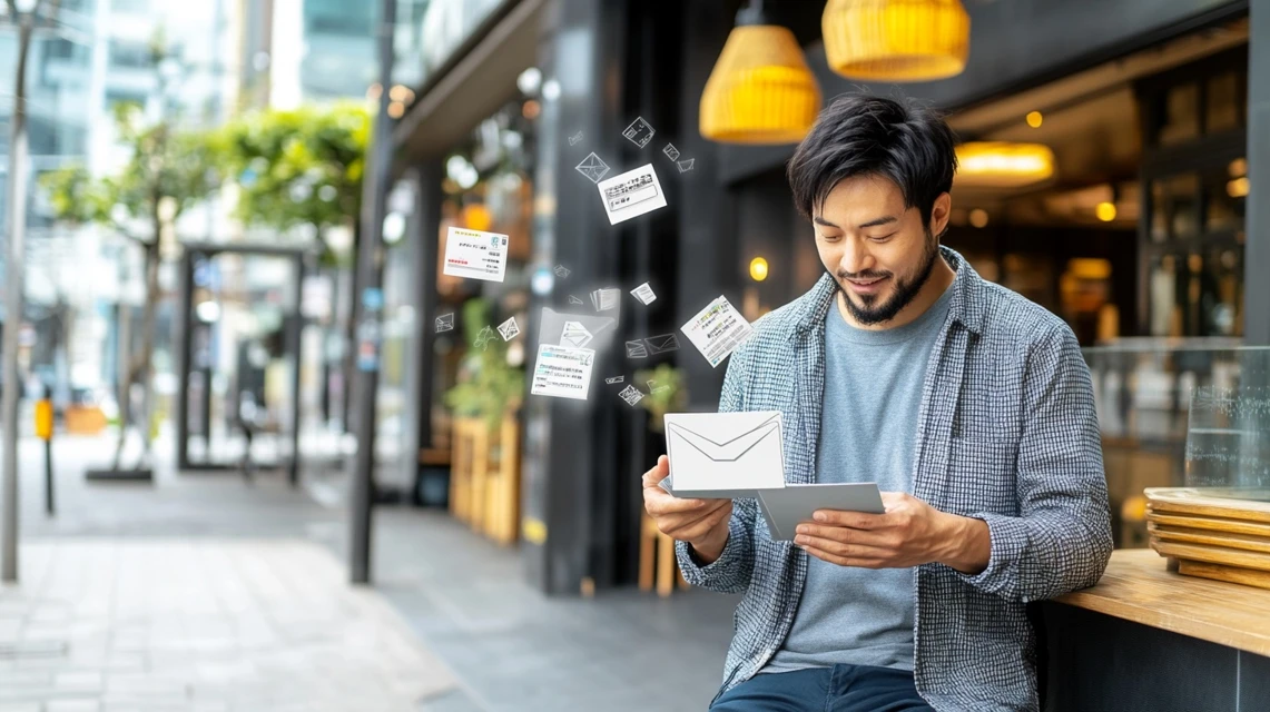 メールでKEENクーポンを探す日本人男性
