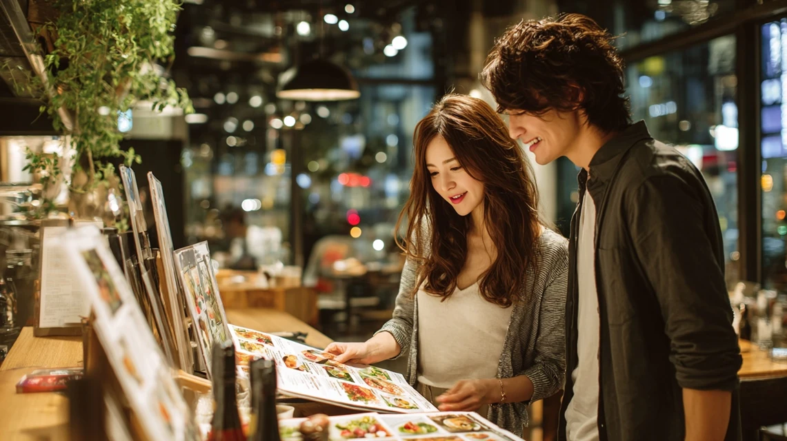 JAF優待一覧からサイゼリヤなどお得な店を選ぶ日本人カップル