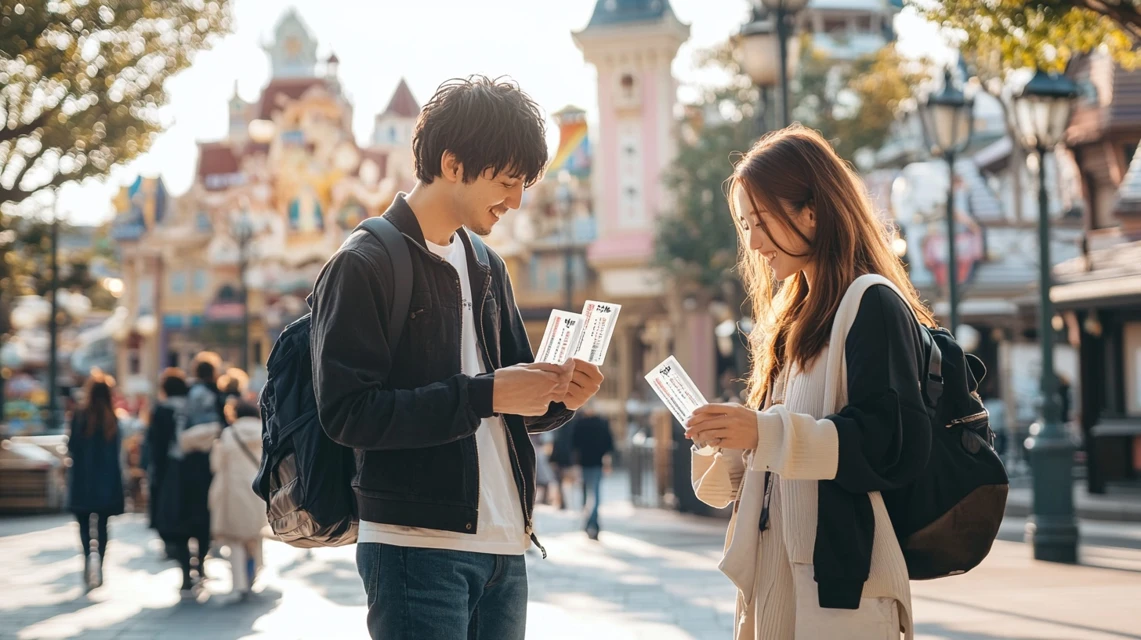 日本人カップルが入場チケットを提示
